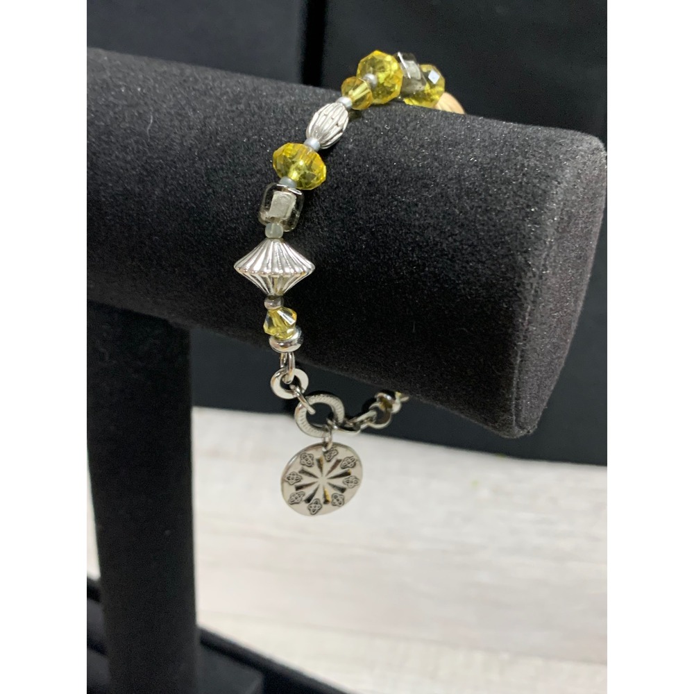 Yellow Crystal Beaded Stretch Bracelet Silver Charm Gold Accent Boho 3280